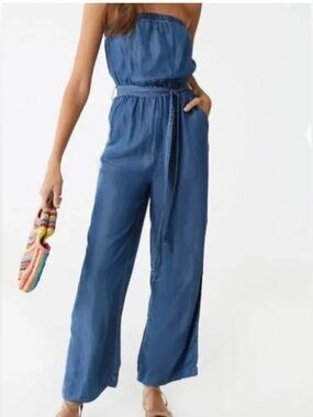 Strapless Chambray Denim Jumpsuit in Blue